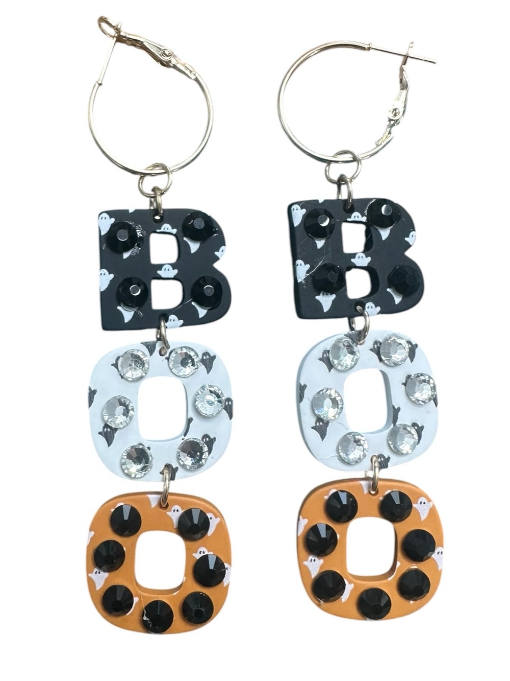 BOO Halloween Letter Dangle Earrings – Ghost Print Rhinestone Statement Jewelry